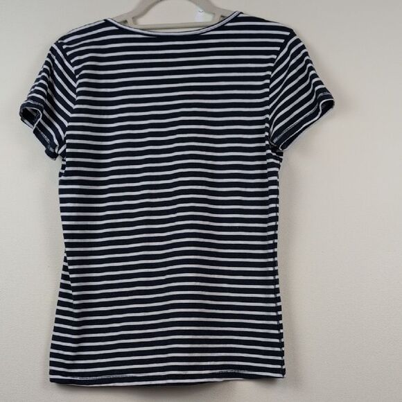 Toad & Co Marley Navy and White Striped Short Sleeve V-Neck Blouse Top Size M - Picture 8 of 9